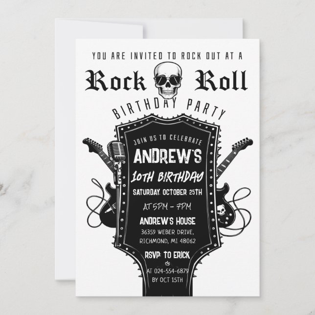 Convite de Aniversário Personalizado de Guitarra R (Frente)