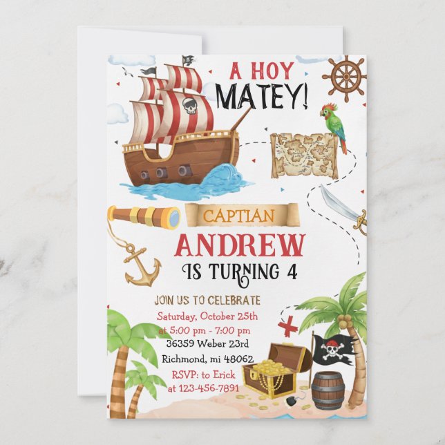 Convite de Aniversário Personalizado de Pirata (Frente)
