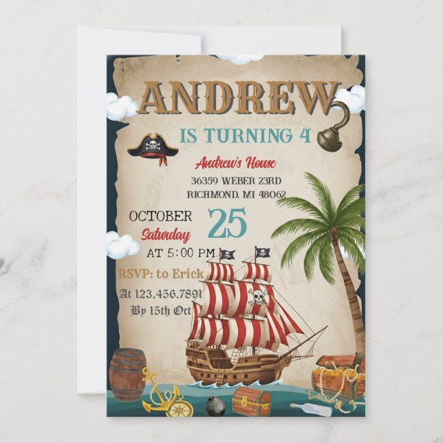 Convite de Aniversário Personalizado de Pirata (Frente)