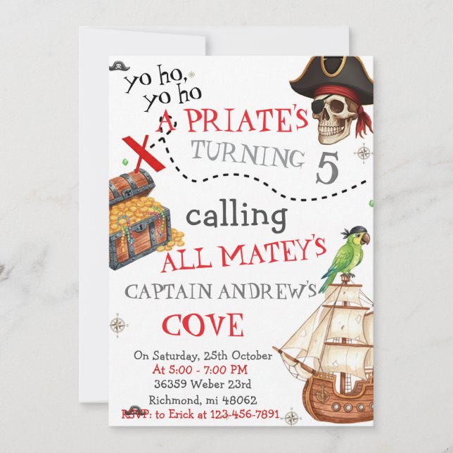 Convite de Aniversário Personalizado de Pirata (Frente)