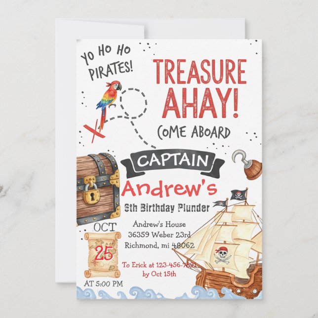 Convite de Aniversário Personalizado de Pirata (Frente)