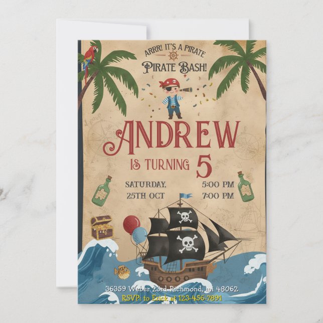 Convite de Aniversário Personalizado de Pirata (Frente)
