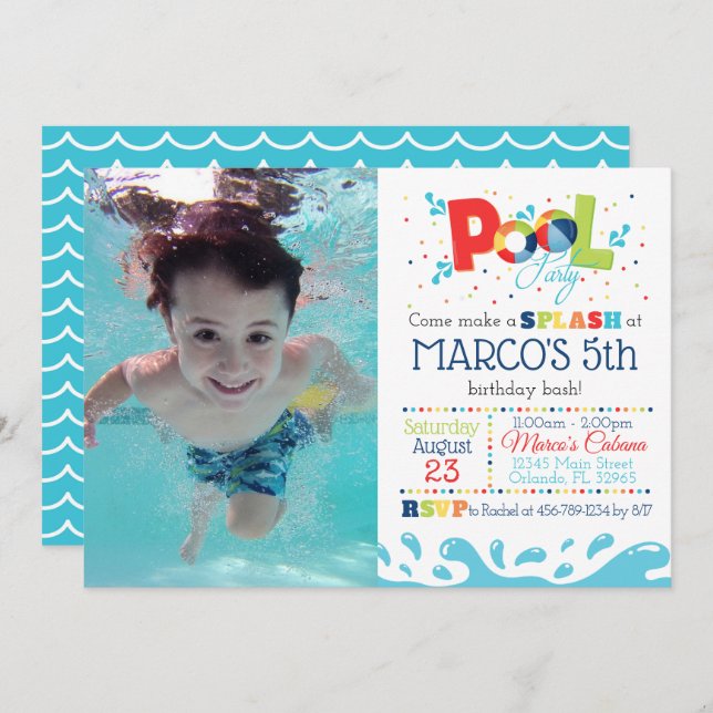 Convite de aniversário Personalizado de Piscina (Frente/Verso)