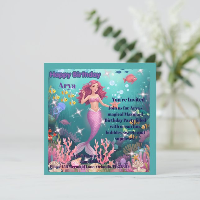 Convite de Aniversário Personalizado de Sereia (Em pé/Frente)