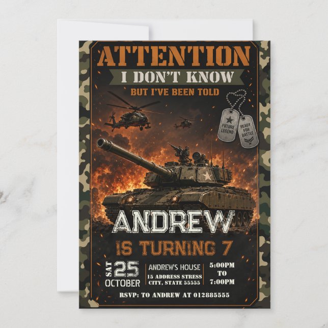 Convite de Aniversário Personalizado de Tanque Mil (Frente)