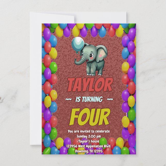 Convite de Aniversário Personalizado Elefante Fofo (Frente)