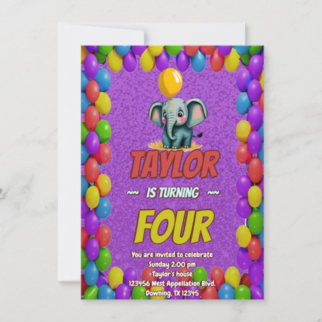 Convite de Aniversário Personalizado Elefante Fofo (Frente)
