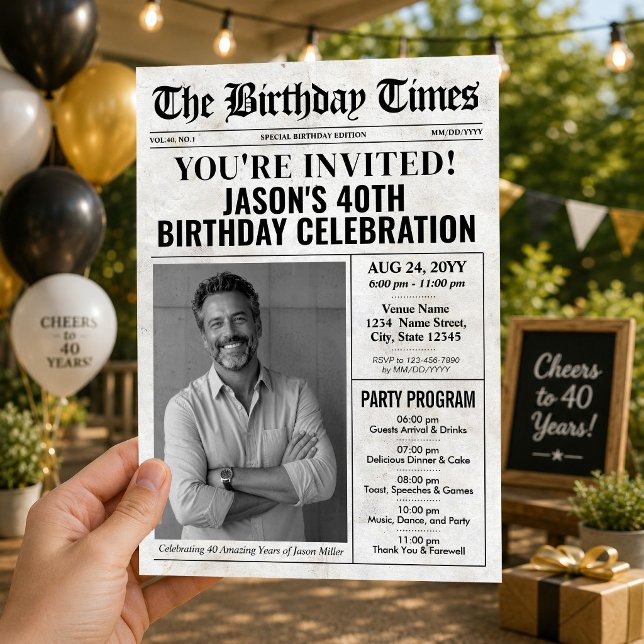 Convite de Aniversário Personalizado em Estilo Jor (Custom Birthday Newspaper Invitation with Program)