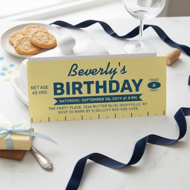 Convite de Aniversário Personalizado Funny Retro B (Butterlicious Birthday invite! Yellow Stick of Butter Customized with all your event details)