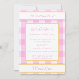 Convite de Aniversário Personalizado Gingham Rosa