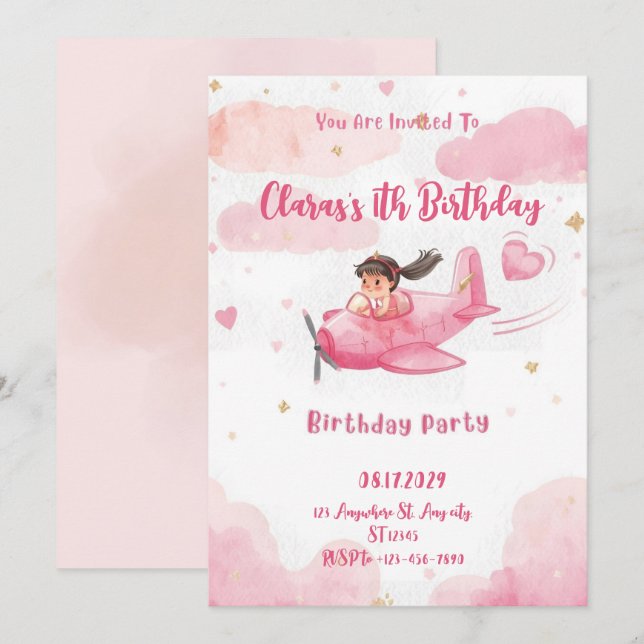 Convite de Aniversário Personalizado Menina Avião  (Frente/Verso)