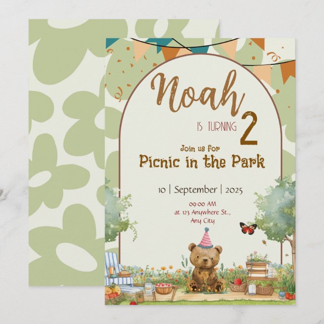 Convite de Aniversário Personalizado Picnic do Urs (Frente/Verso)