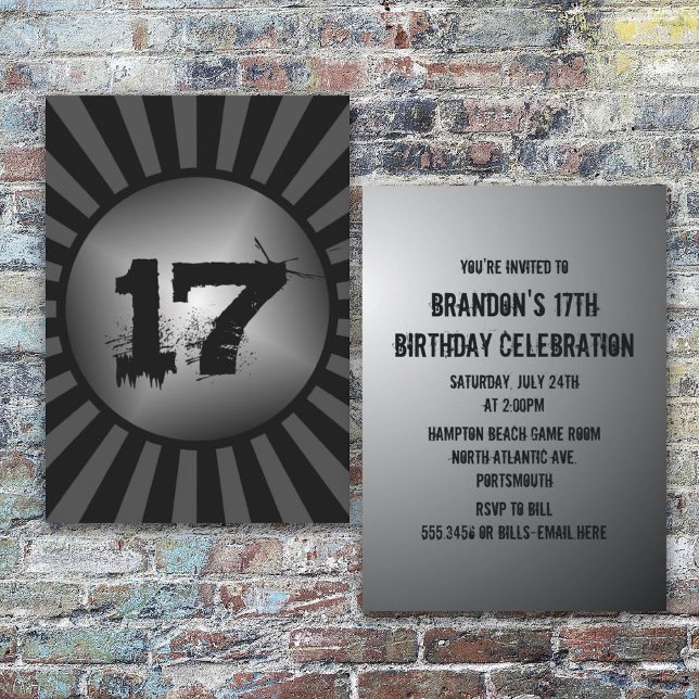 Convite de aniversário personalizado preto e cinza (Criador carregado)
