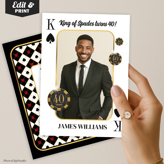 Convite de aniversário personalizado Rei de Espada (Custom King of Spades Birthday Invite with Photo, Casino Invitation)