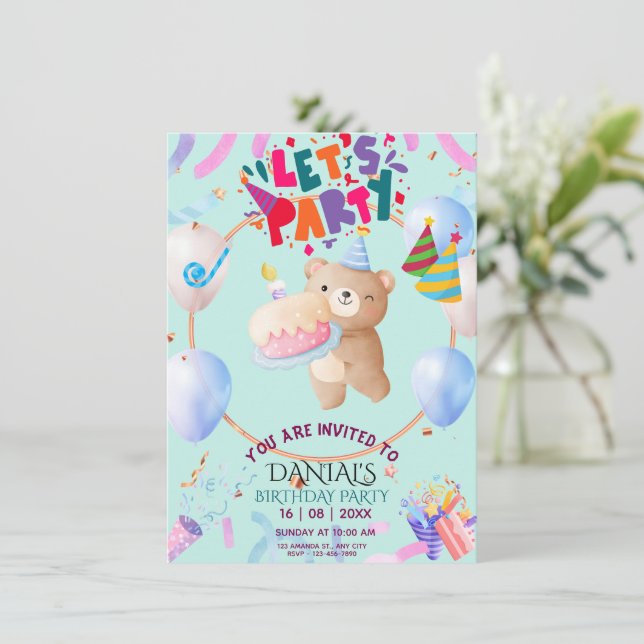 Convite de Aniversário Personalizado Urso Teddy Fo (Em pé/Frente)