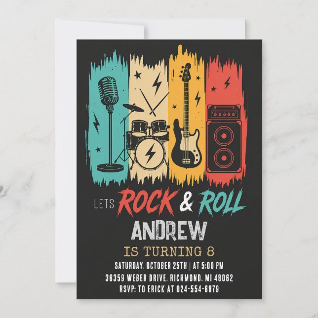 Convite de Aniversário Pessoal de Rock and Roll (Frente)