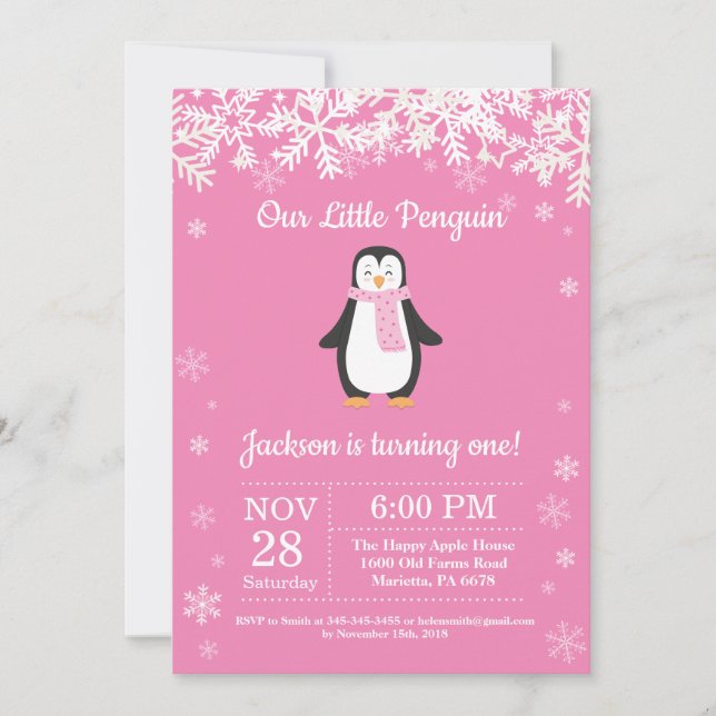Convite de Aniversário Pinguin Winter Pink (Frente)