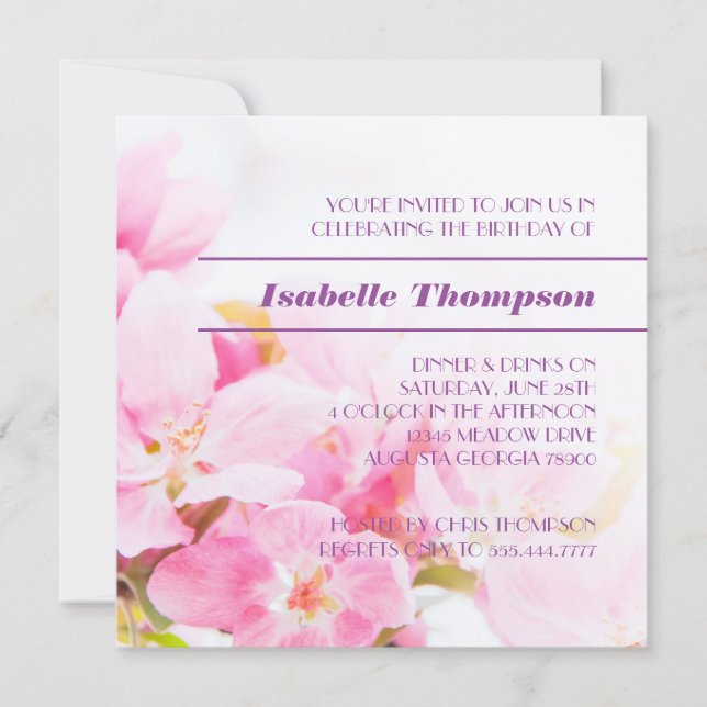 Convite de aniversário Pink Apple Blossoms (Frente)