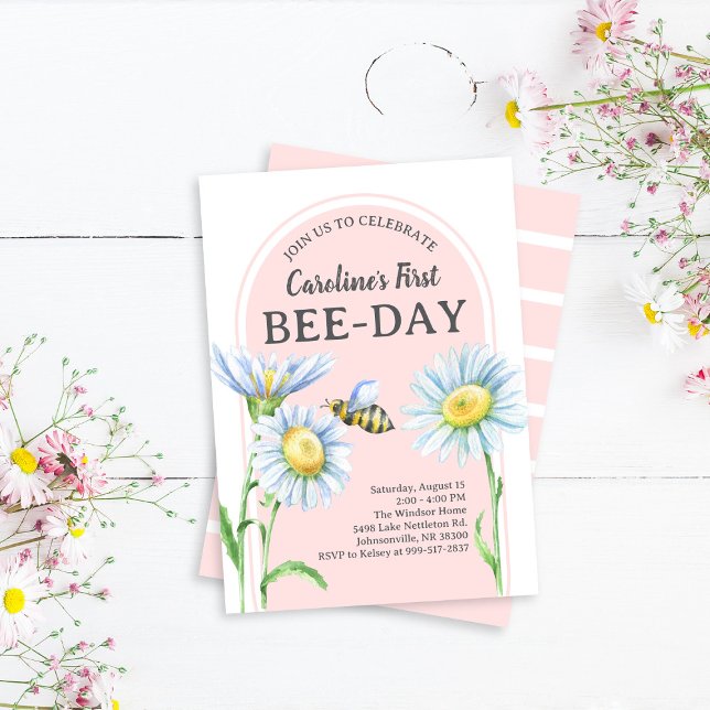 Convite de aniversário Pink Bee-Day com Margaridas (Criador carregado)