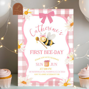 Convite de Aniversário Pink Gingham Plaid Daisy Be