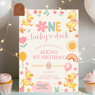 Convite de aniversário Pink Girl One Lucky Duck