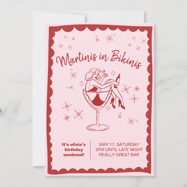 Convite de Aniversário Pink Martinis in Bikinis (Frente)