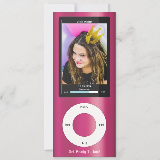 Convite de Aniversário Pink MP3 Music Player II (Frente)