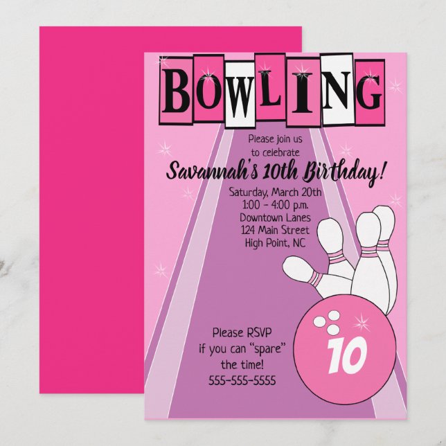 Convite de Aniversário Pink Retro Bowling para Qua (Frente/Verso)