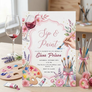 Convite de Aniversário Pink Sip And Paint