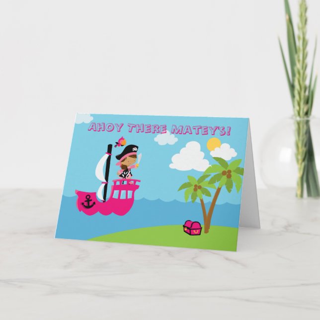 Convite de aniversário pirata de menina rosa-branc (Frente)