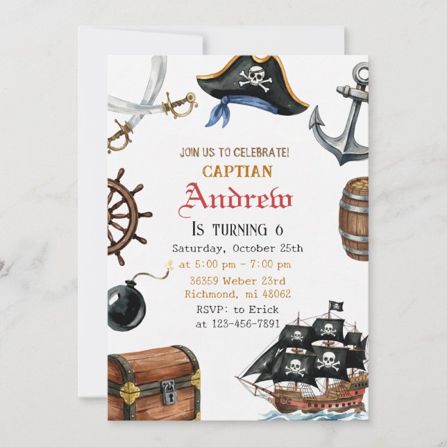Convite de Aniversário Pirata Personalizado para C (Frente)