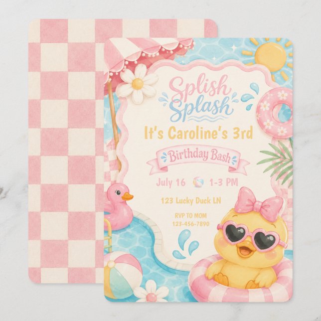 Convite de Aniversário Piscina de Pato Splish Spla (Frente/Verso)