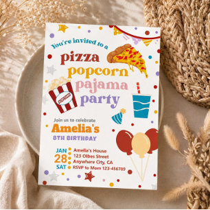 Convite de Aniversário Pizza Pipoca e Pijamas