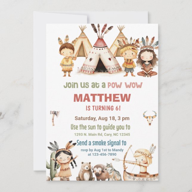 Convite de aniversário Pow Wow para nativos americ (Frente)
