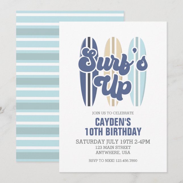 Convite de Aniversário Praia de Surf's Up Surfboar (Frente/Verso)