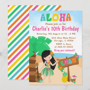 Convite de Aniversário Praia Luau Aloha Menina de