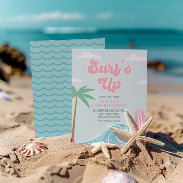 Convite de Aniversário Praia Rosa Surfs Up (Criador carregado)