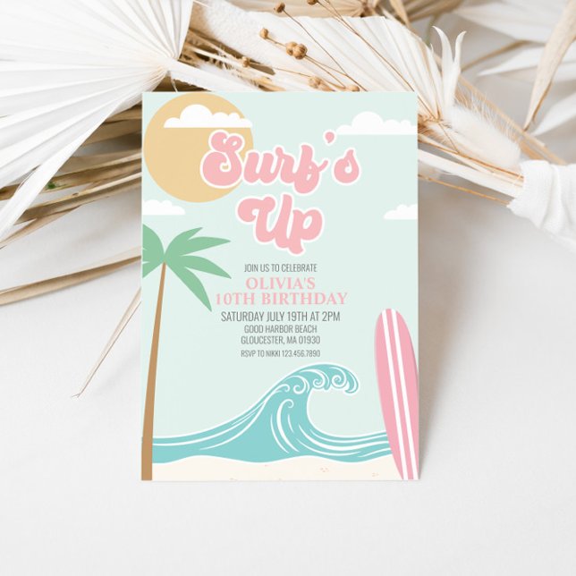 Convite de Aniversário Praia Rosa Surfs Up (Criador carregado)