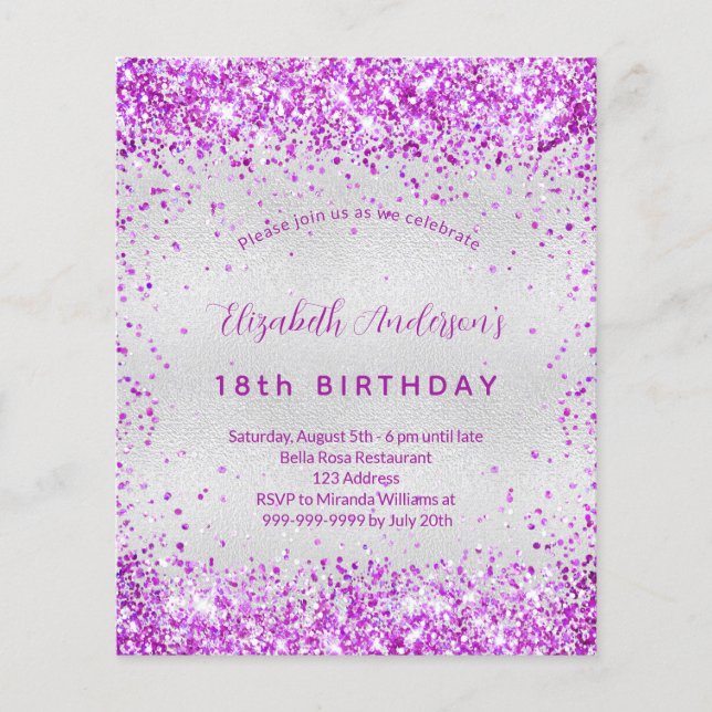Convite de aniversário prateado roxo rosa orçament (Frente)