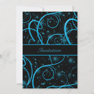 Convite de Aniversário Preto com Espirais Azul Tur