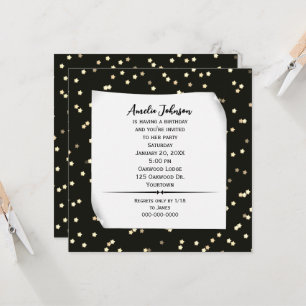 Convite de Aniversário Preto com Estrelas Douradas