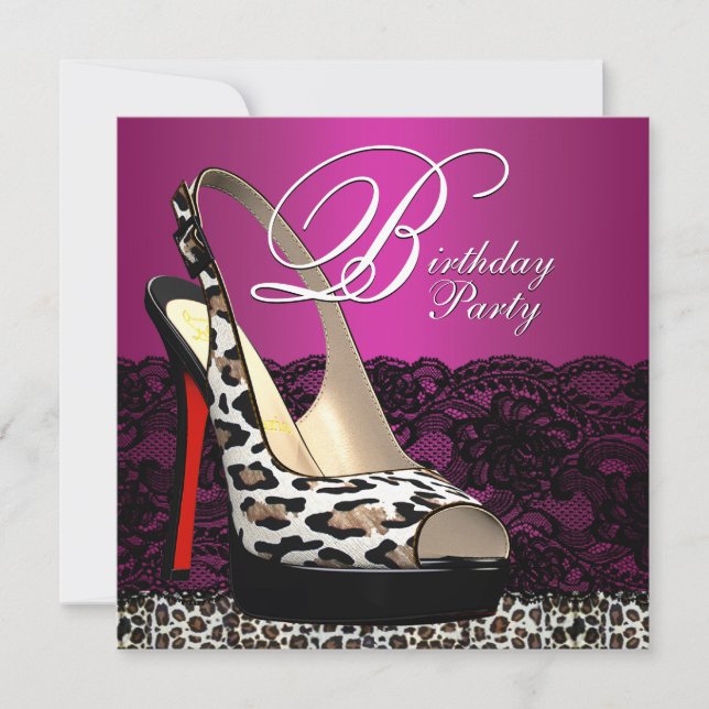 Convite de Aniversário Preto com Renda e Leopardo  (Frente)