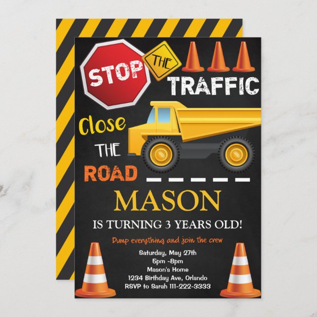 Convite de Aniversário Preto do Caminhão de Constr (Frente/Verso)
