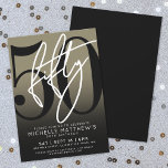 Convite de aniversário preto Dourado 50º<br><div class="desc">Celebre cinquenta anos de estilo com este moderno convite de aniversário 50. O design apresenta um fundo dourado falso, em camadas atrás de um elegante gradiente cinza-a-preto, para um visual elegante e atraente. Um "50" preto grande se estende na maior parte da placa, com "50" branco no estilo de script,...</div>