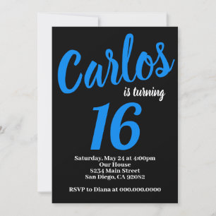 Convite de Aniversário Preto e Azul para Meninos M
