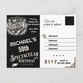 Convite de aniversário preto e branco vintage