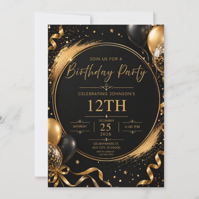Convite de Aniversário Preto e Dourado (Frente)