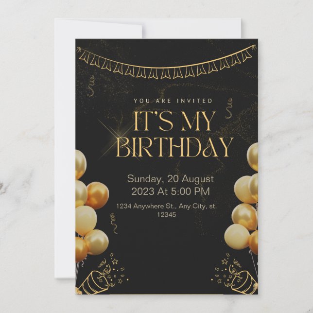 Convite de aniversário preto e Dourado (Frente)