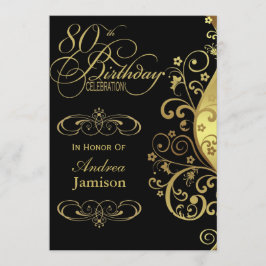 Convite de aniversário preto e Dourado do 80