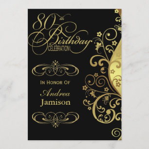 Convite de aniversário preto e Dourado do 80